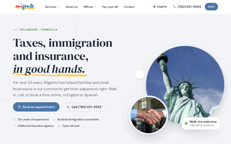 Screenshot of the Migente Services website
