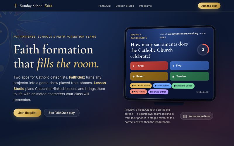 Screenshot of the Sunday School Faith website